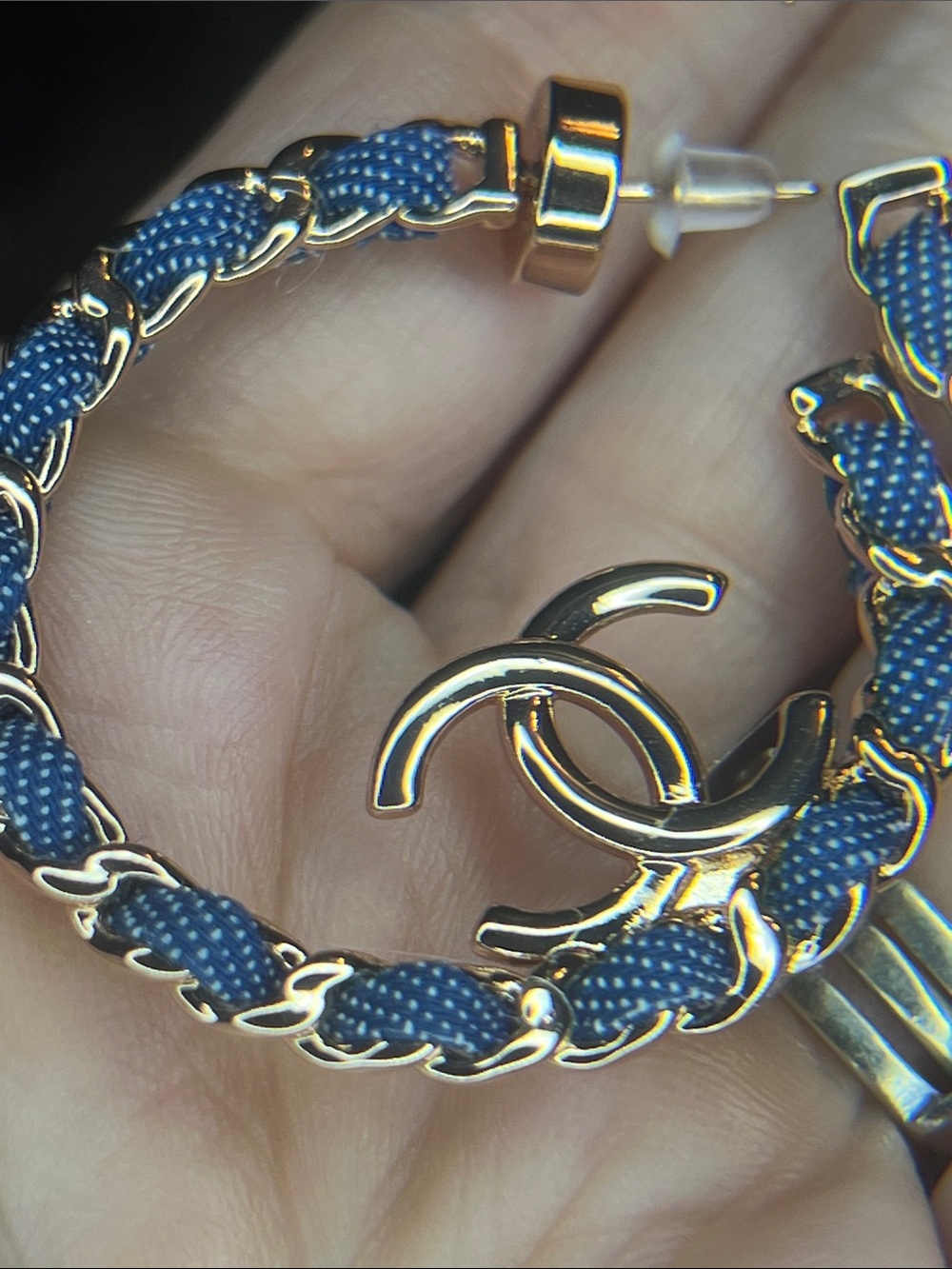 Designer-Inspired Blue and Gold Interlocking-Logo Hoop Earrings - Picture 4 of 7
